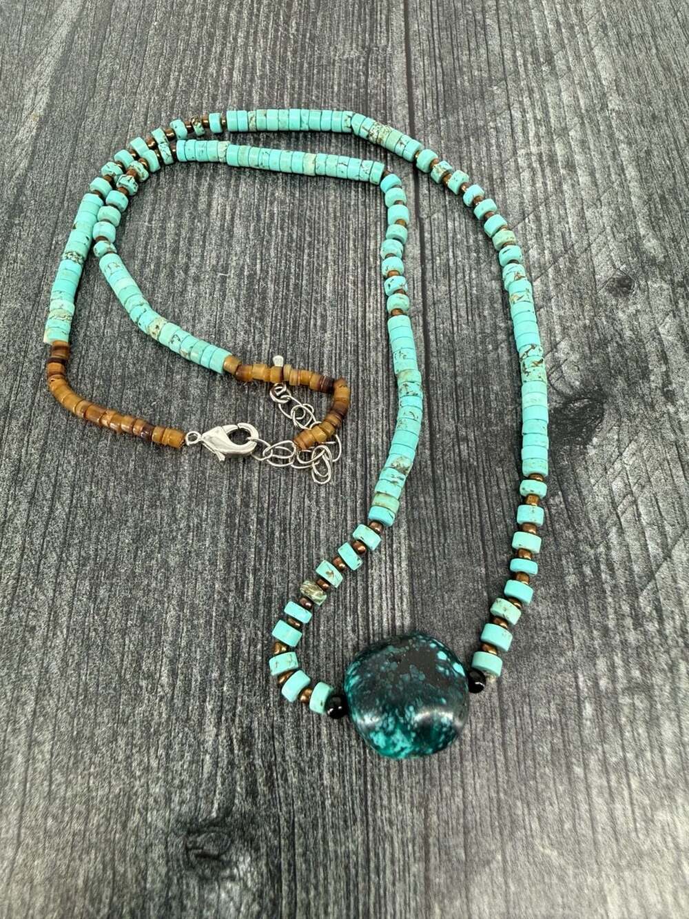 Turquoise Heishi Bead Necklace with Center Pendant Stone